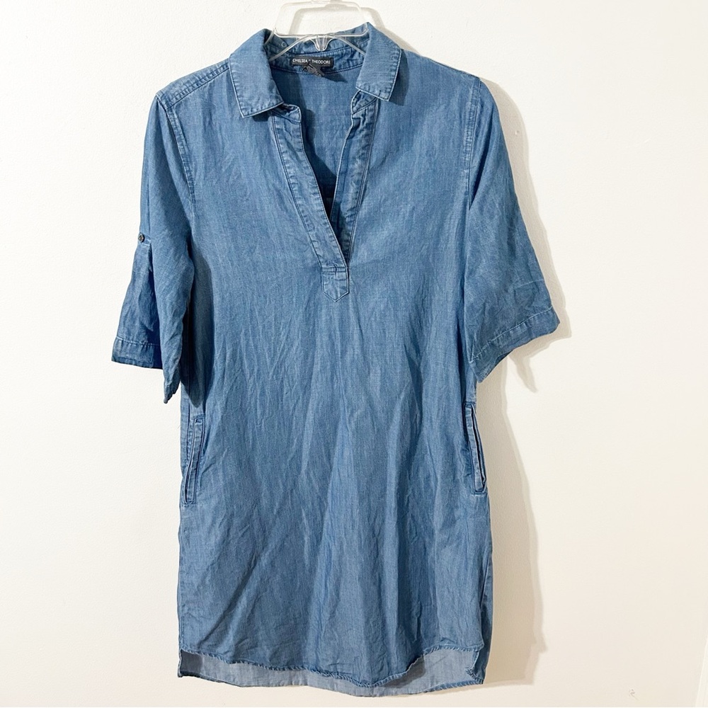 Chelsea & Theodore Roll-Tag Shirt Tencel Denim Jean Shirt Tail Dress Mini Length